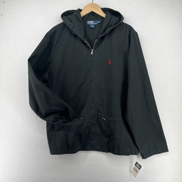 POLO RALPH LAUREN Jacket Mens M Hooded Full Zip Windbreaker Black NEW - Picture 1 of 16
